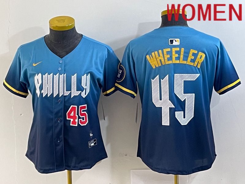 Women Philadelphia Phillies 45 Wheeler Blue City Edition Nike 2024 MLB Jersey style 2